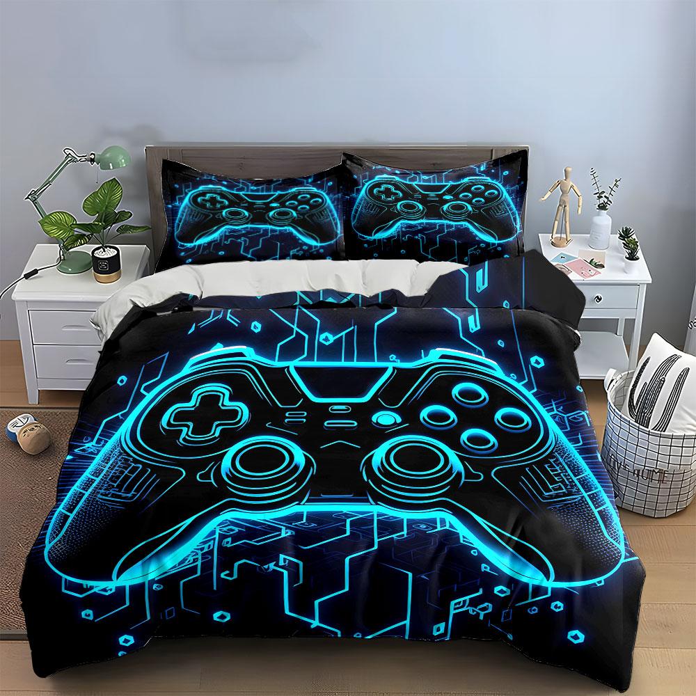 Blaues Neon Circuit Gamepad Bettwäsche Set, Tech Line Xbox Controller Druck Bettbezug Set, Cooles Gaming Mikrofaser 3-teilig Für Teenager Gamer