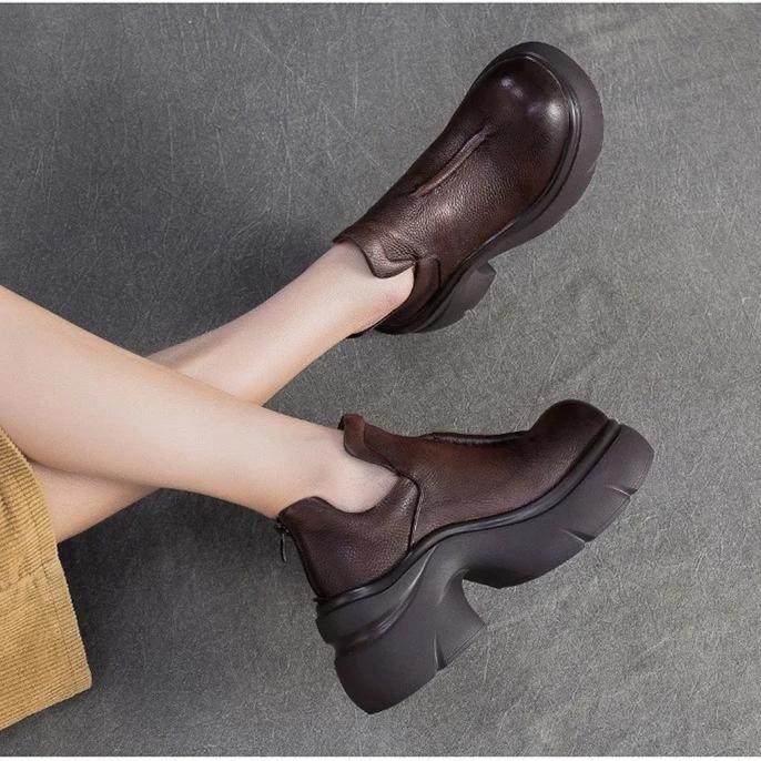 Johnature Retro Genuine Leather High Heels Pumps Commuting Comfort And Versatile Women's Platform Shoes