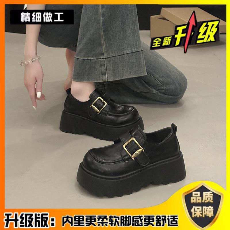 [Uncle Shoe] Height-increasing flat-soled single shoes 20257cm muffin loafers women's spring and autumn small leather shoes thick-soled British