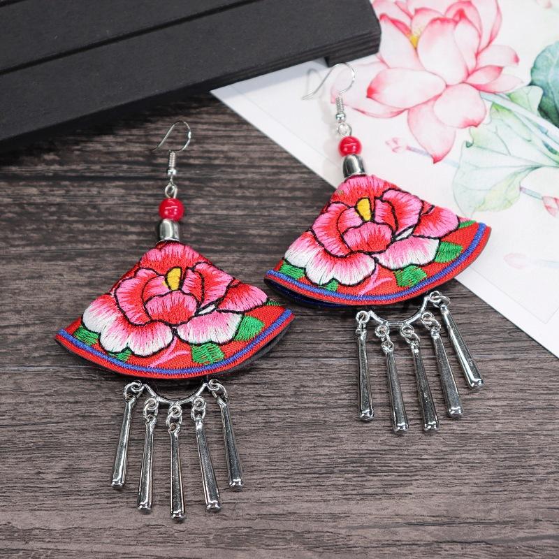 Retro hand-embroidered fabric earrings female long flower fringed versatile temperament performance earrings earrings