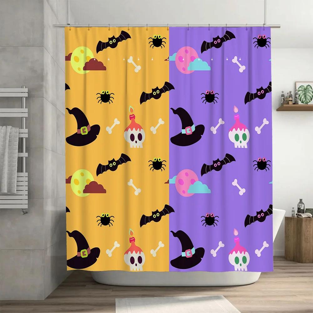 Hauntingly Cute Halloween Shower Curtain Set with Bat Skull Cupcake Pattern for Kids Bathrooms Purple Yellow Colors Available
