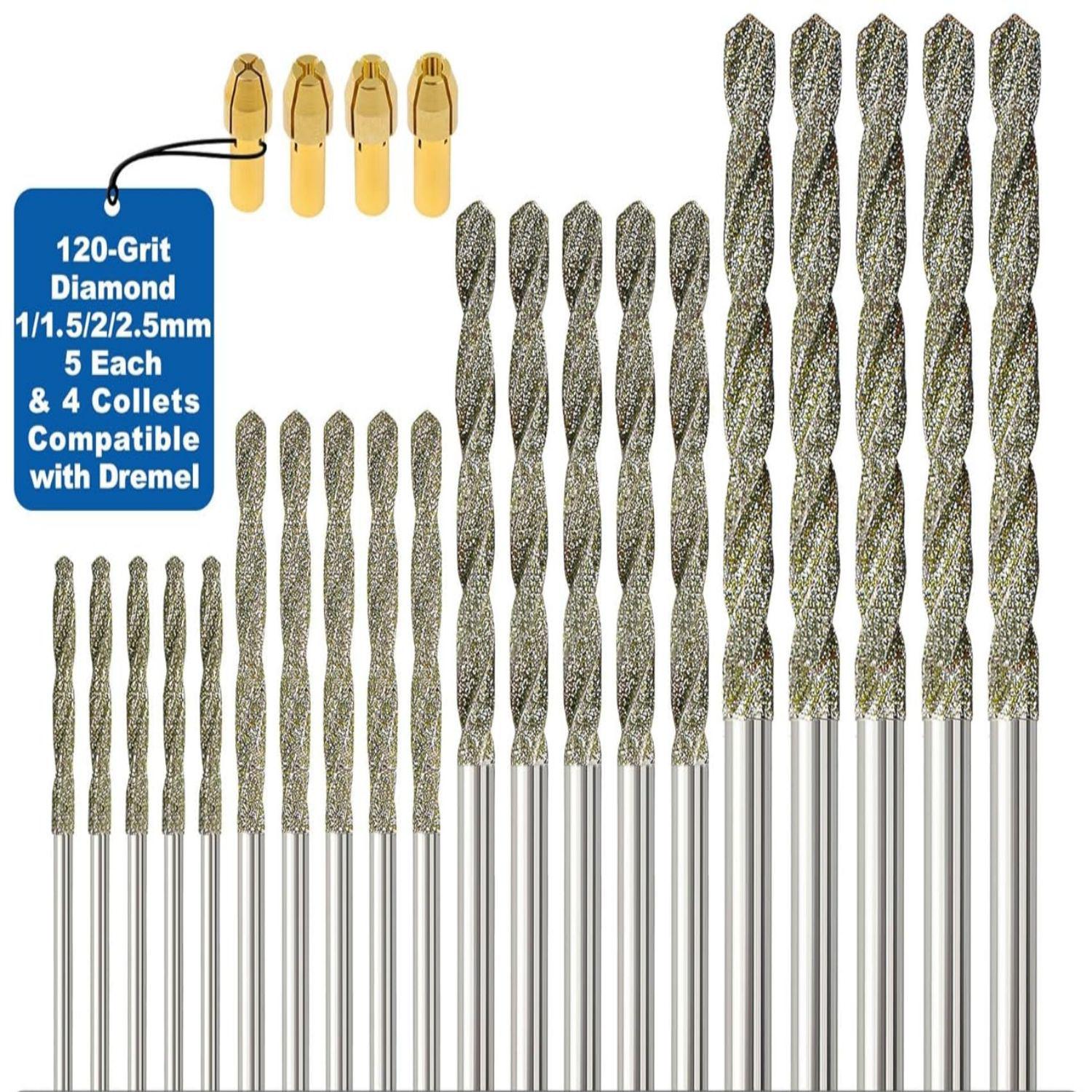 Diamond Drill Bits Set - 1mm to 2.5mm (5 of each) with 4 Chucks, 120 Grit, 20 Pieces Total