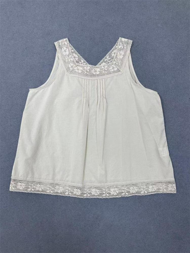 Japanese Mori Style Women Sleeveless Top Loose Embroidered Lace Inner Layer Undershirt Spring Summer Thin One Size бежевый