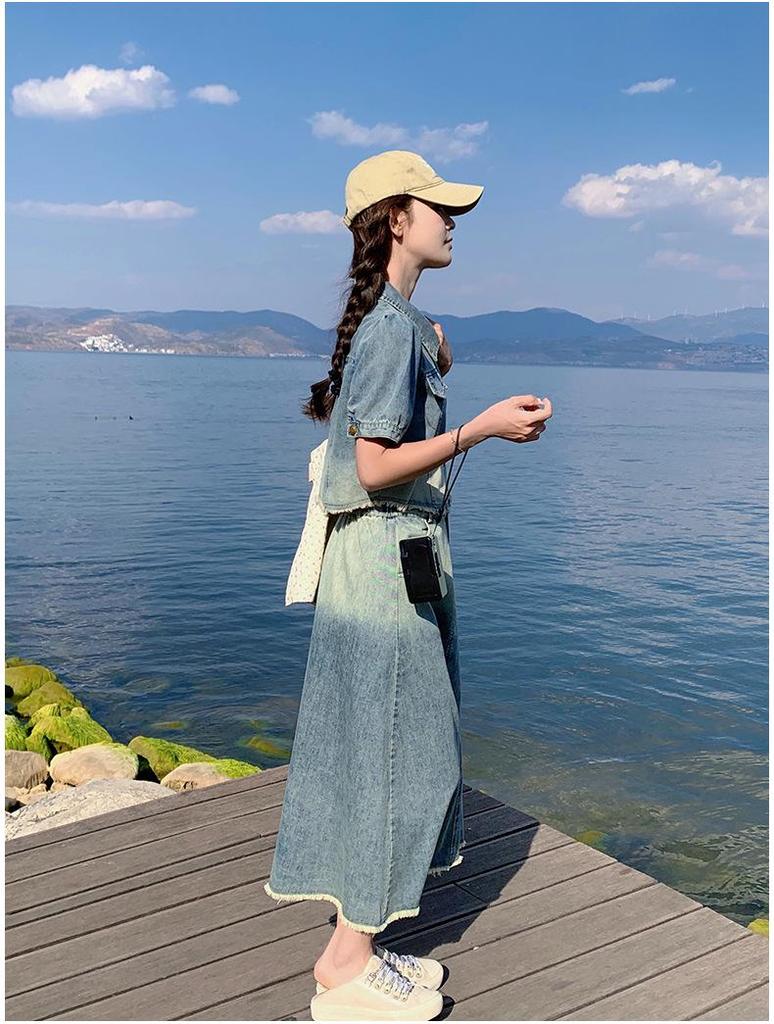 Gradient Denim Zipper Top & Skirt Set: 2024 New Casual Hong Kong Style