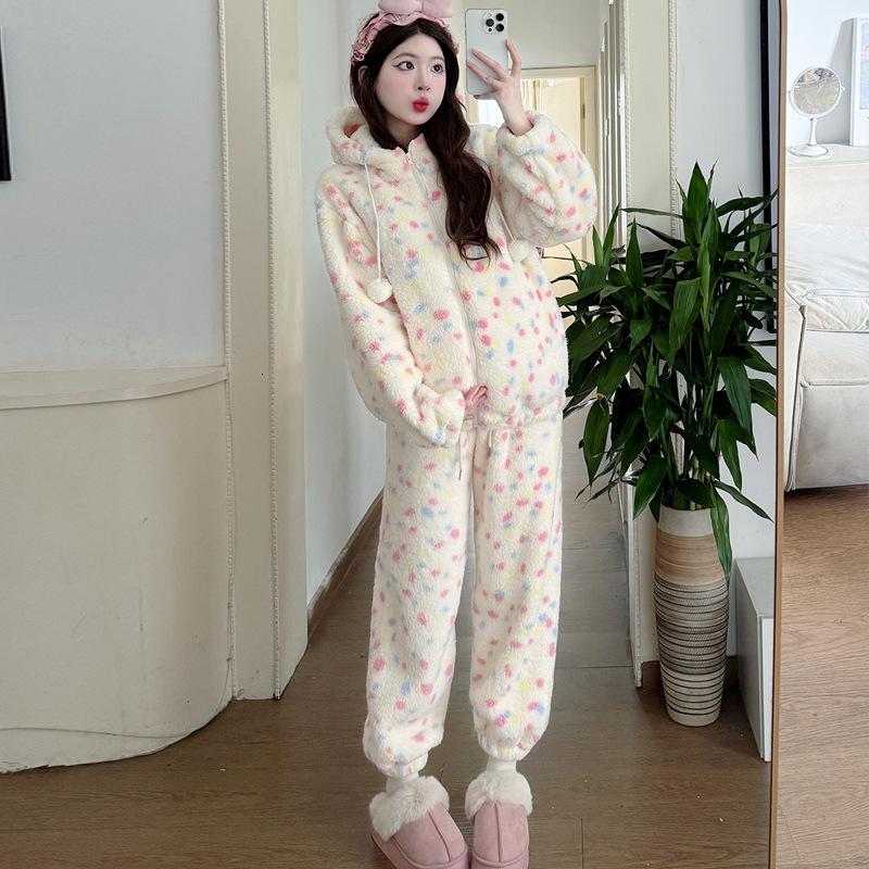 Maternity Rainbow Polka Dot Fleece Hooded Set M