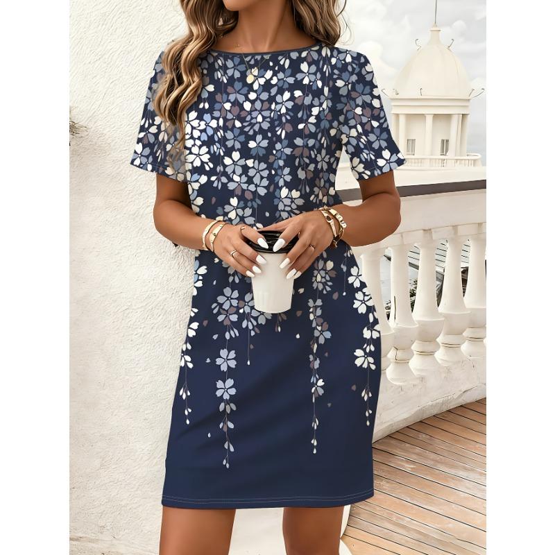 

Women s Dress Summer Navy Blue Floral Print Round Neck Short Sleeve Slim Drape Mid-length T-shirt Dress S