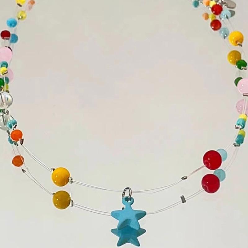 Party Necklace Colorful Star Beaded Pendant Clavicle Chain Delicate Star Collar Choker Necklace for Women Girl Birthday