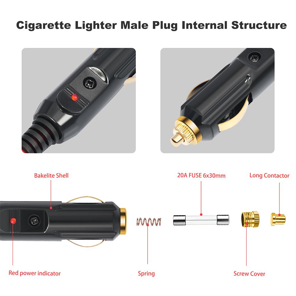12V 24V Cigarette Lighter Power Extension Cable Male Plug To Female Socket 12Ft Cable Interior Plug To Socket for Tire Inflators