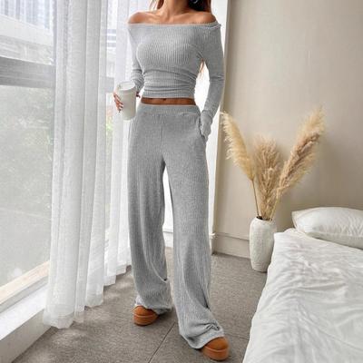 Women's 2 Piece Outfits Fall Casual Boat Neck Long Sleeve Ribbed Top Wide Leg Pants Matching Lounge Set