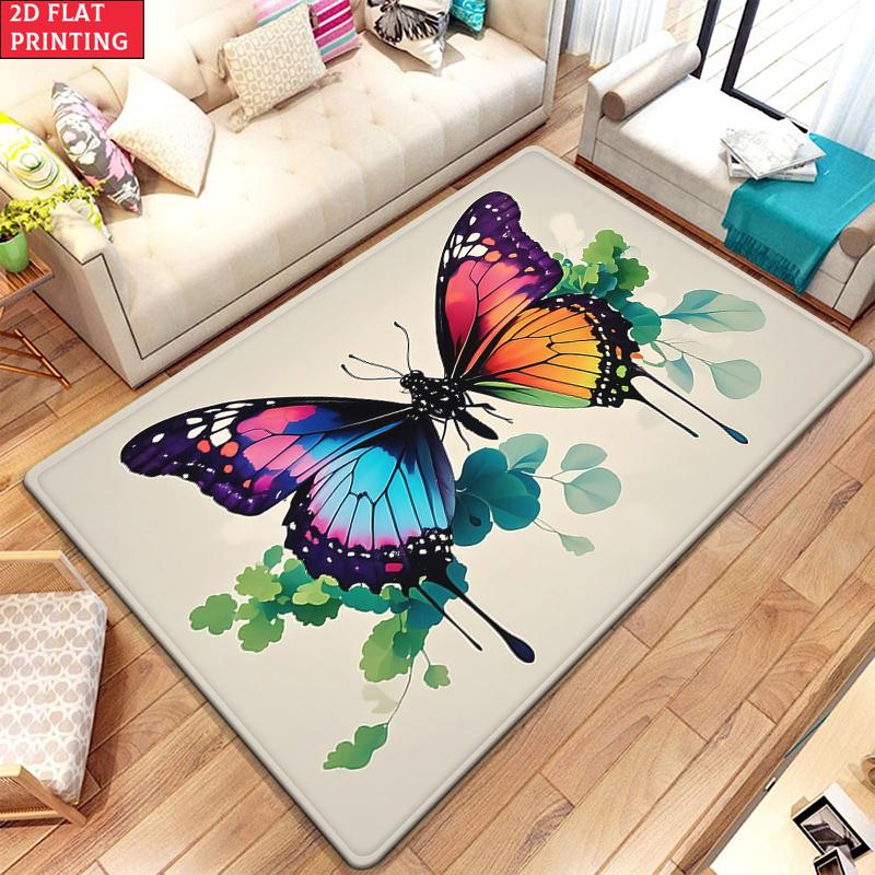 Colorful Butterfly Floral Area Rug,Non-Slip Soft Carpet for Living Room Bedroom,Cute Cartoon Decorative Floor Mat for Kids Room