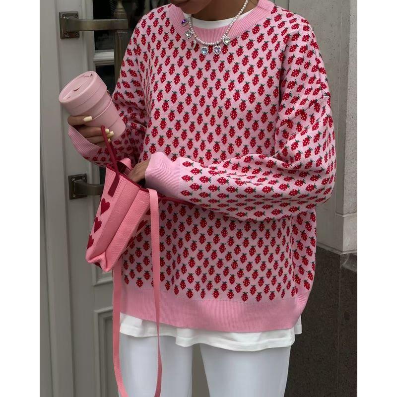 

Fashion Wind Fall and Winter New Arrival Loose Casual Knitting Strawberry Crew Neck Pullover Sweater Loose Knit Sweater Pink M