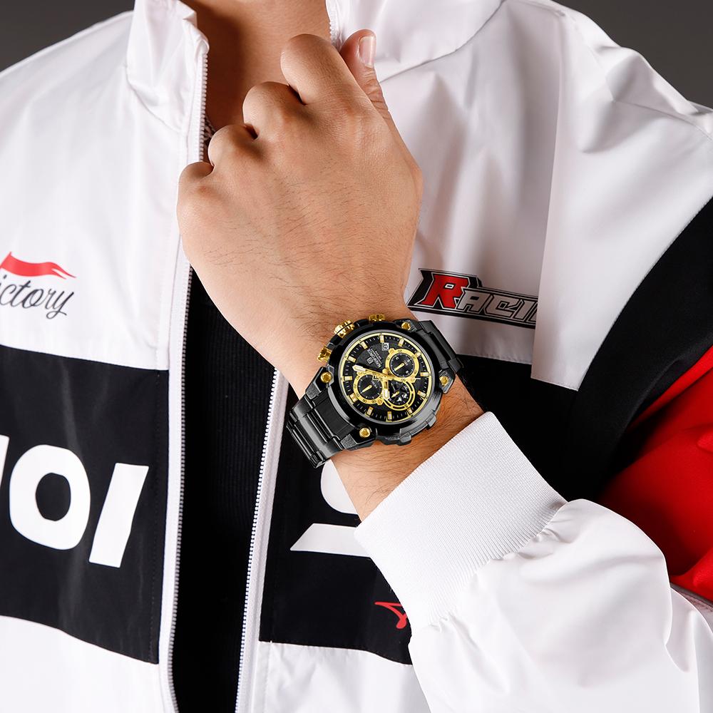 Naviforce Men's Quartz Calendar Watch Stopwatch Chronograph Luminous Hands Stainless Steel Strap Waterproof Sports Outdoor Men's Watch NF8071