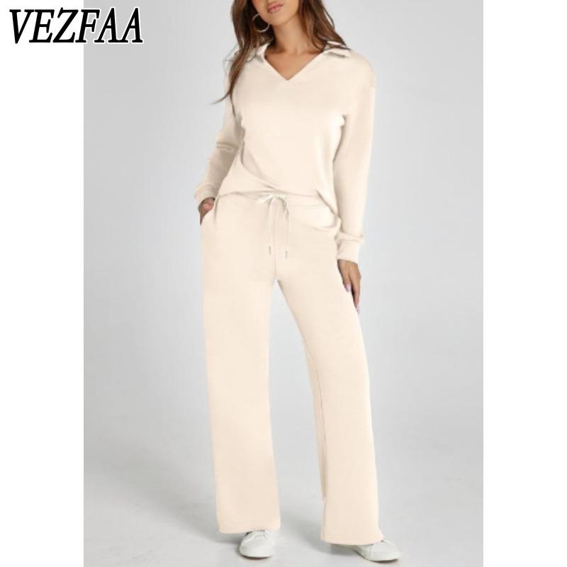 VEZFAA Damesmode Casual Lente Herfst Effen Kleur Print Lange Mouw POLO Hals Broek Pakken
