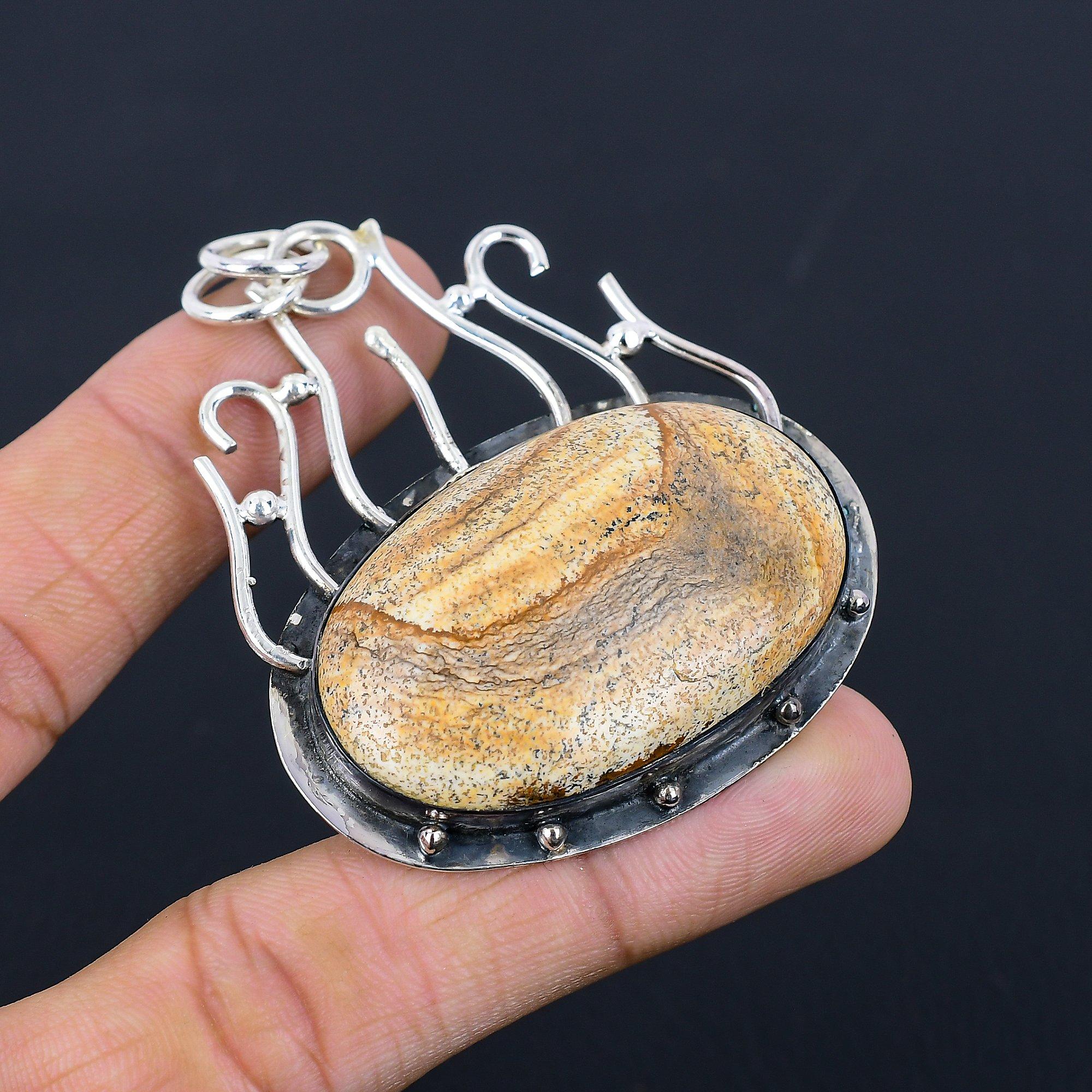 Halloween Deal 925 Sterling Silver Oval Picture Jasper Stone Bezel Wife Pendant