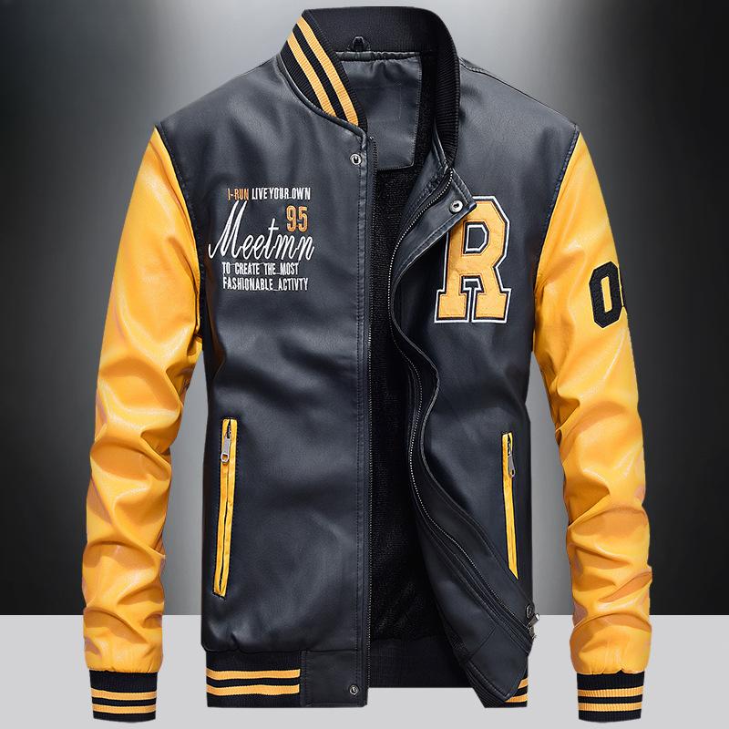 Chaqueta de cuero de otoño e invierno para hombre, chaqueta de cuero de motocicleta de lana, jersey de béisbol juvenil de moda, chaqueta de cuero bordada