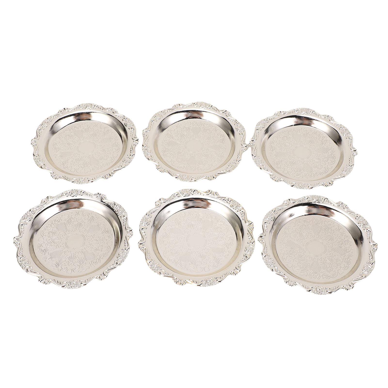 Health & Beauty Product Silver 6Pcs Vintage Metal Trays Carved Decoration Appetizer Plate For Snack Candy Trinkets 9Cm