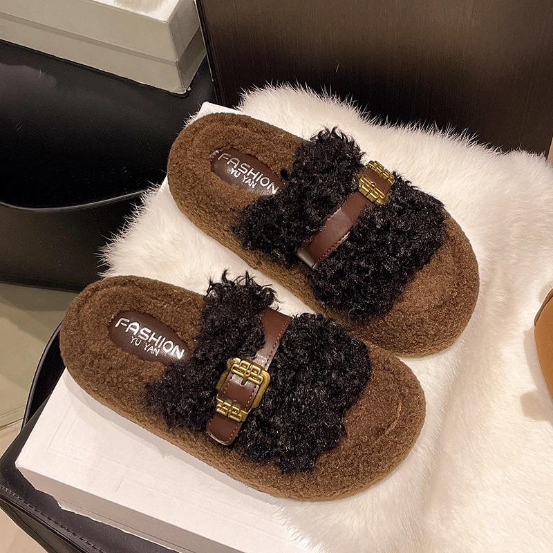 Winter fluffy slippers flat-bottomed non-slip one-word slippers wear thick-soled ins home cotton slippers