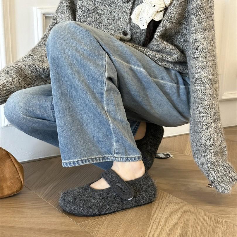 Velcro gray woolen shoes ugly cute shoes 4CM height increase 2025 winter round head woolen plush platform cotton shoes
