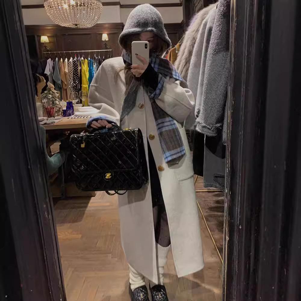 Scarf Collar Plaid Double-sided Wool Coat Long Reversible Plaid Coat Women's Autumn and Winter New Style