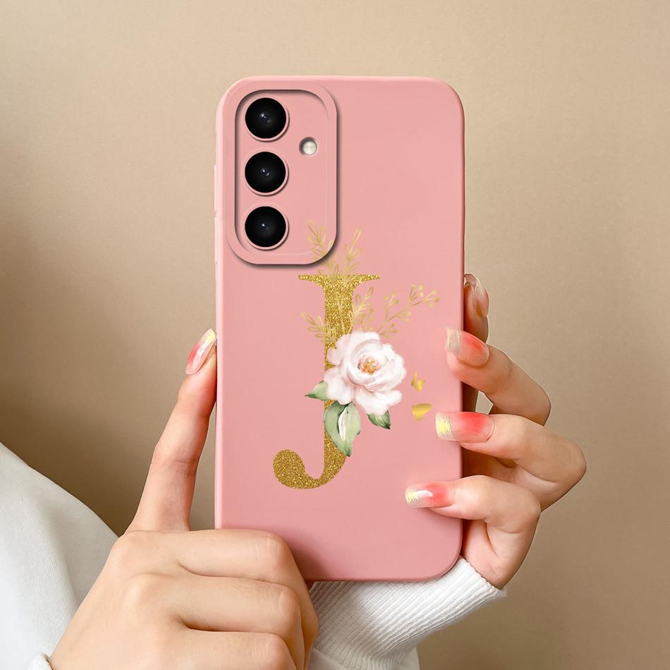 Simple Case For Samsung S24 FE Name Letter Soft Slim Liquid Silicone Funda For Galaxy S 24 S24FE Lens Protective Back Cover Capa