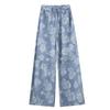 Womens High-Waisted Wide-Leg Denim Pants With Floral Print Loose Straight Cut Style