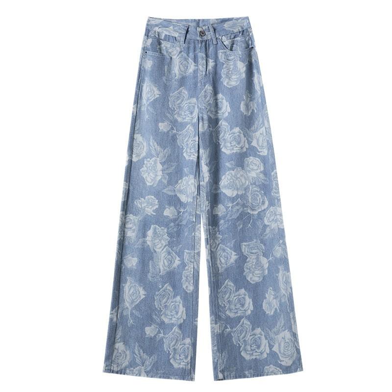 Womens High-Waisted Wide-Leg Denim Pants With Floral Print Loose Straight Cut Style