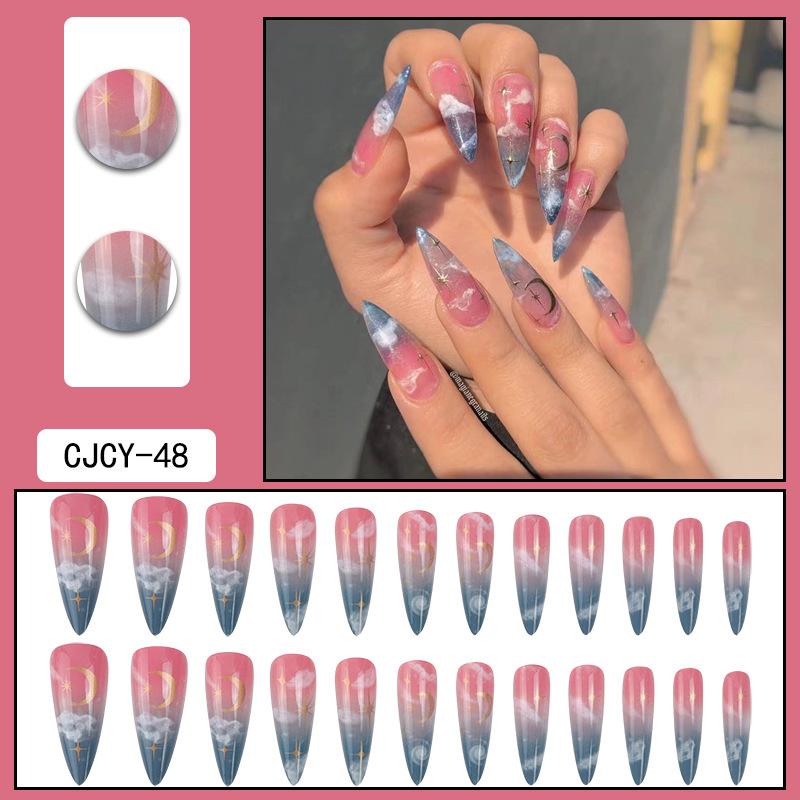 24Pcs Marble Gradient Long Coffin False Nails Detachable Wearable Gold Foil Ballerina Fake Nails Full Cover Nail Tips Press Glue