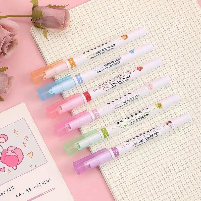 6pcs/set Line Shaped Highlighter Pen Color Roller Tip Curve Liner Art Contour Marker Highlighter Journal School Stationery