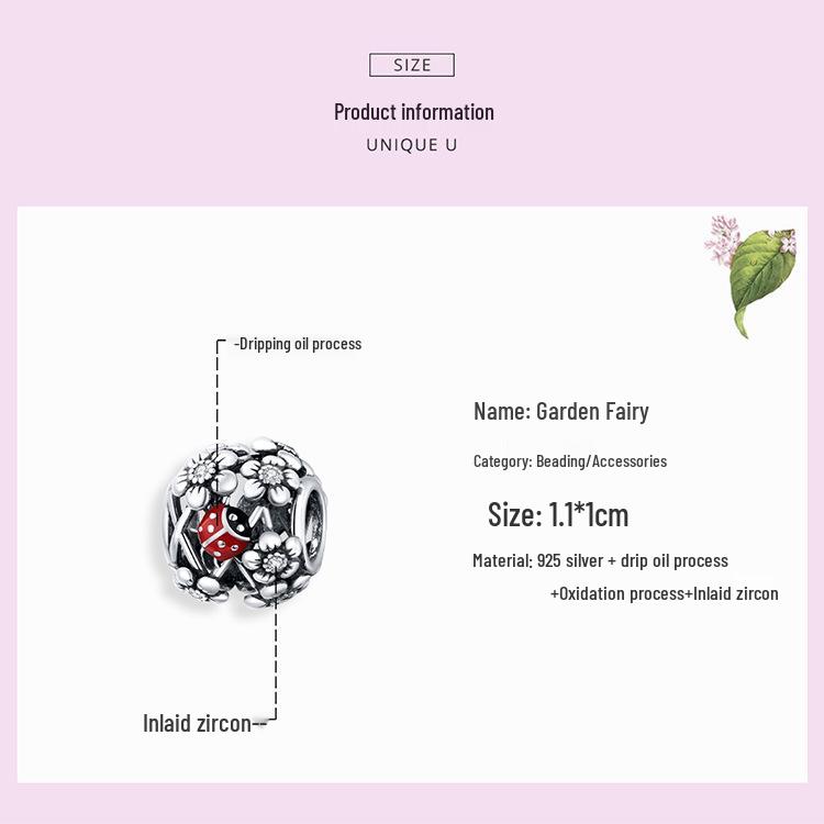 Trädgårdsfe S925 Sterling Silver Nyckelpiga Pärlor DIY Armband SCC1641