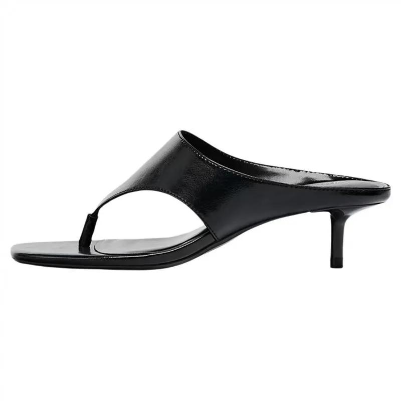 Fashion Spring Summer New Mid Heel Sandals Women's Slimming High Heels Flat Head Toe Straps Shoes Comfortable Breathable Slip-On Sandals