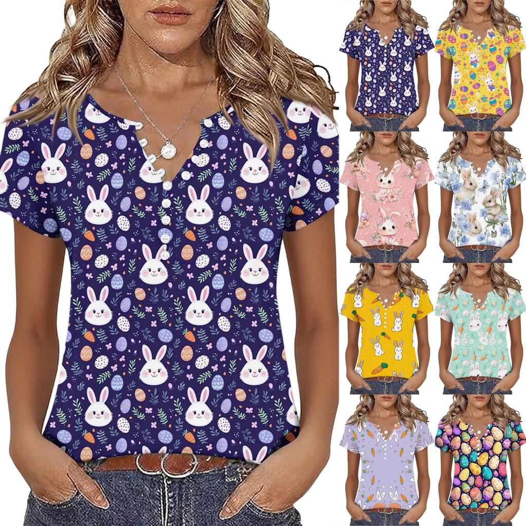 Women’s Short Sleeve V Neck T Shirt with Bunny and Floral Print Casual Loose Fit Soft Comfortable Top for Daily Wear