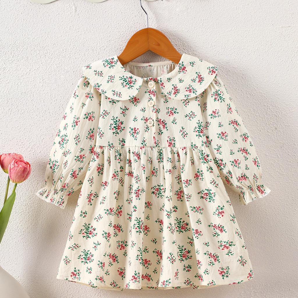 Girls Cotton Long Sleeve Floral Dress Baby Toddler Prairie Doll Collar Princess Party Dress For Spring And Fall