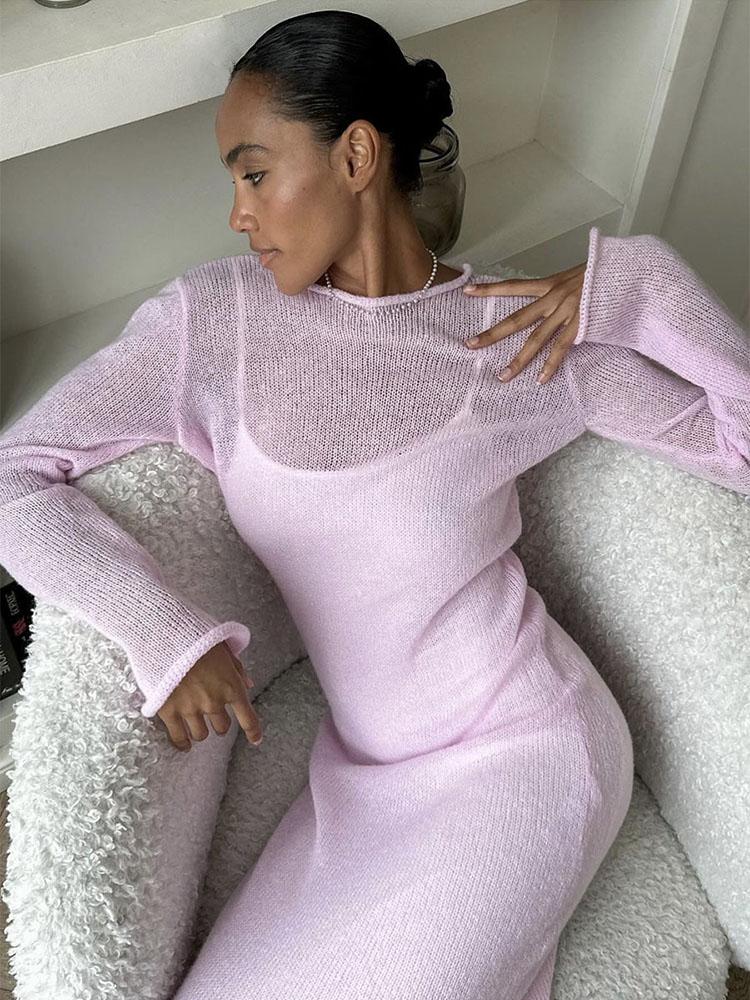 Jaro Podzim O-Výstřih Elastické Pletené Dlouhé Šaty Ženy Elegantní Šik Měkké Dámské Vykrojené Svetrové Šaty Femme Nové