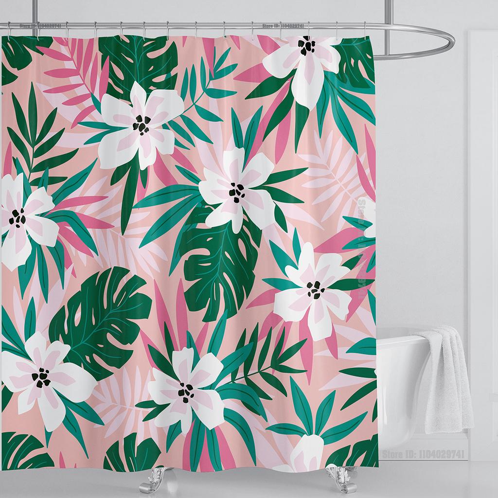 Bohemian Shower Curtain Tropical Jungle Wildlife Bathroom Set Modern Pink Aesthetic Parrot Floral Bathroom Curtain With Hooks