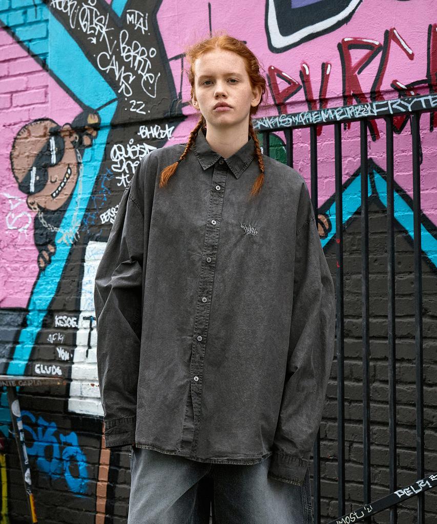 Peullukeu Slam Logo Pigment Washed Shirt Dark Grey Fls207
