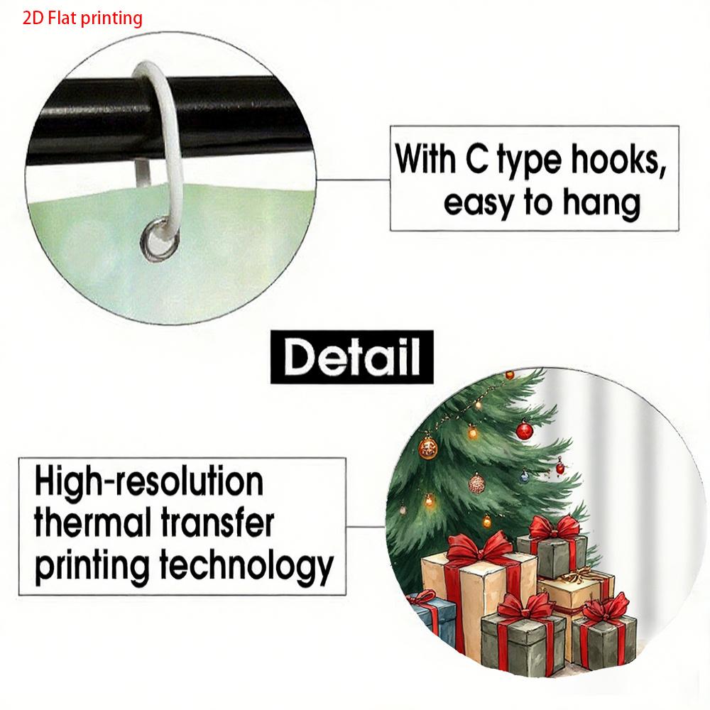 1Pc Christmas Tree Print Shower Curtain - Machine Washable With Hooks, Polyester Fabric Shower Curtain For Bathroom Decoration