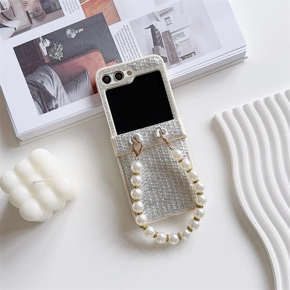 

Роскошный кожаный ремешок на запястье с бусинами, чехол для телефона Samsung Galaxy Z Flip 6 5 4 3 Flip5 Flip4 Flip3 5G, защитный противоударный 5G чехол Galaxy Z Flip5 белый