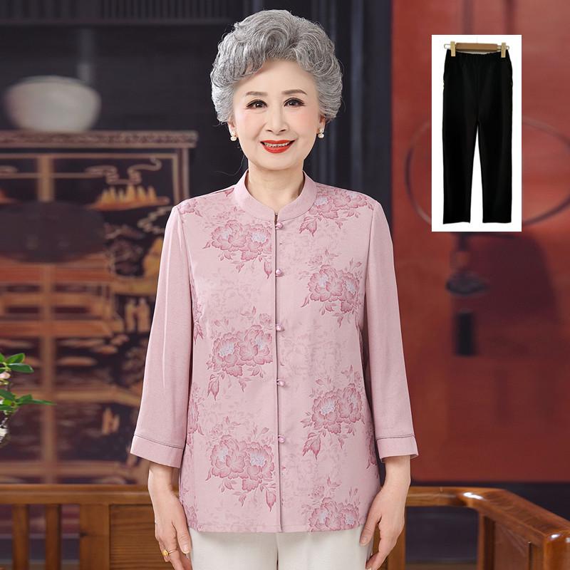 Chiffon Summer Shirt for Elderly Women: Chinese Style Round Neck Fashion.