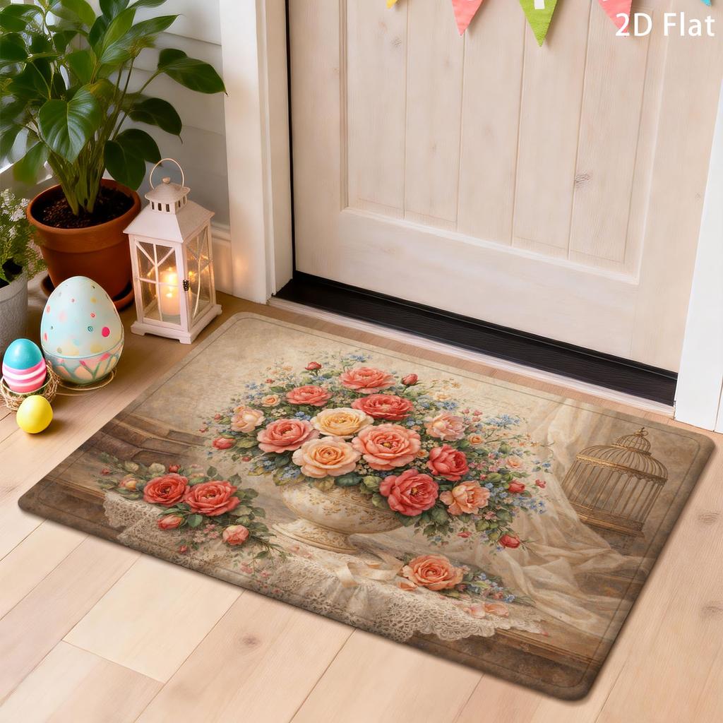 1Pcs Anti Fatigue Kitchen Rugs Vintage Rose Flower Print Waterproof Non Slip Thick Cushioned Mat