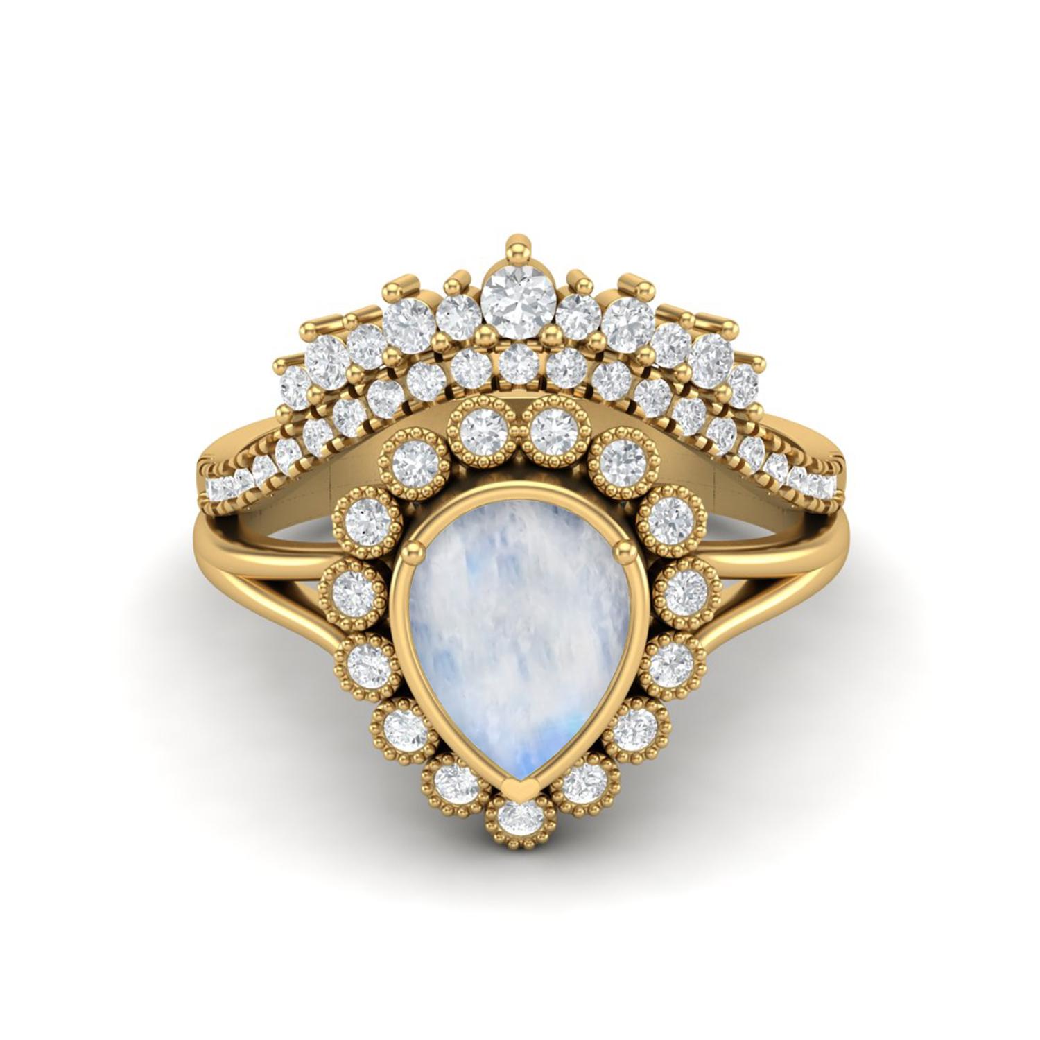 925 пробы Стерлинговое Серебро Позолота 1.99 карат Грушевидная Форма Лунный Камень Одиночный Тиара Корона Женское Обручальное Кольцо 10 жёлтый