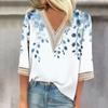 Women's Fashion V-Neck Lace Lace Vintage Floral Print T-Shirt Casual Seven Sleeve Top