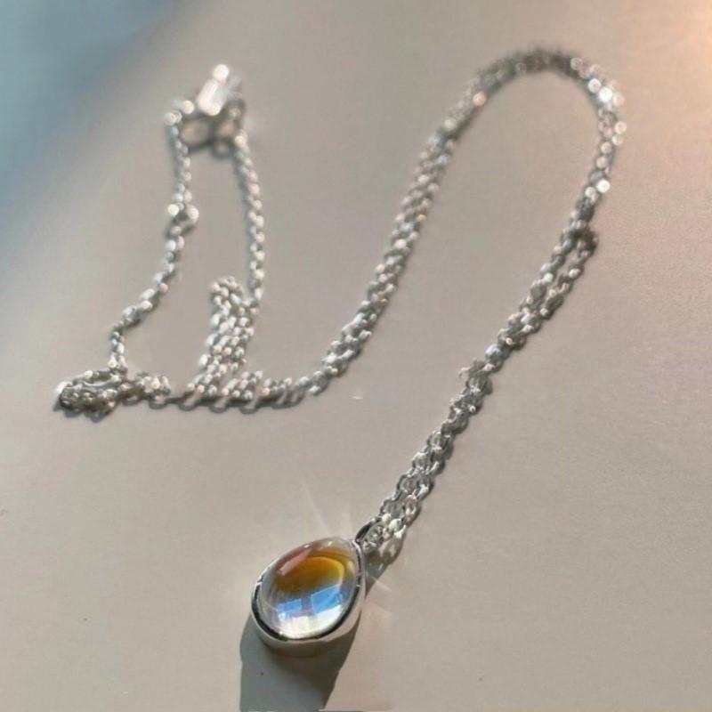 Silver Moonstone Oval Pendant Necklace for Women Simple Girls Jewelry Accessories Gifts