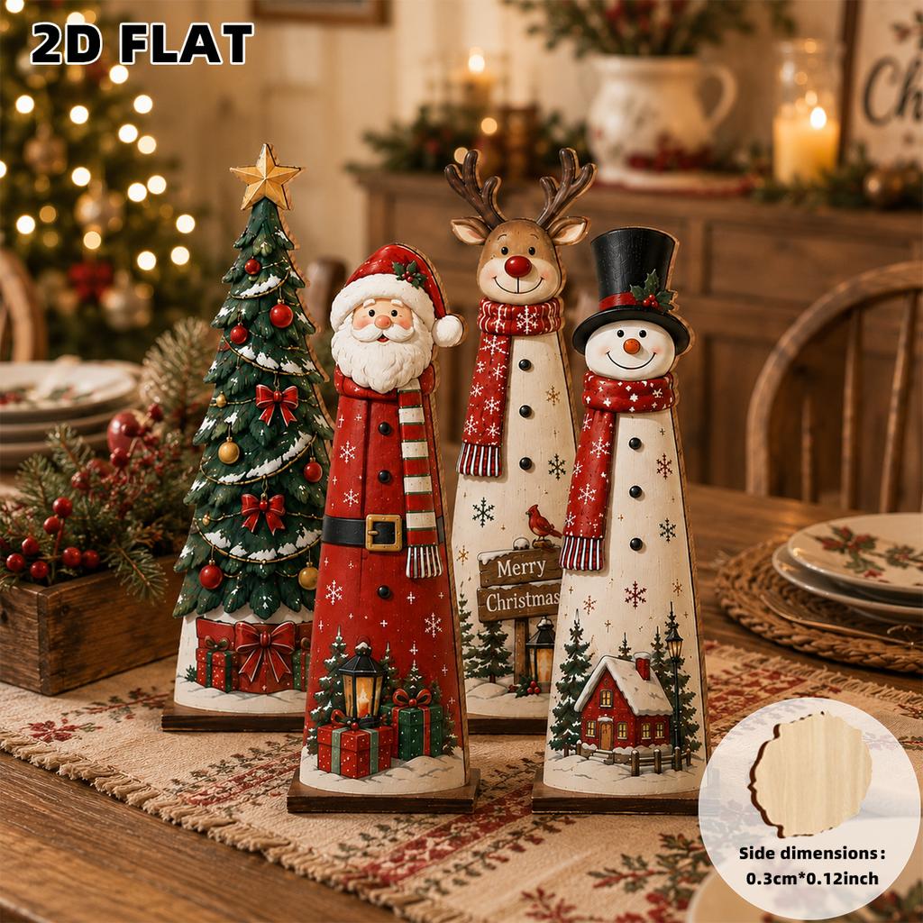 4Pcs 2D Flat Wooden Christmas Decorations Snowman Santa Claus Holiday Ornaments for Desktop Office Home Decor