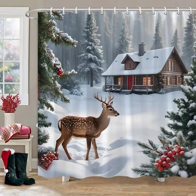 Cortina de ducha Bosque Nevado de Invierno Ciervo Paisaje Natural Navideño Regalo de Navidad Tela de Poliéster Cortinas de Ducha Decoración de Baño