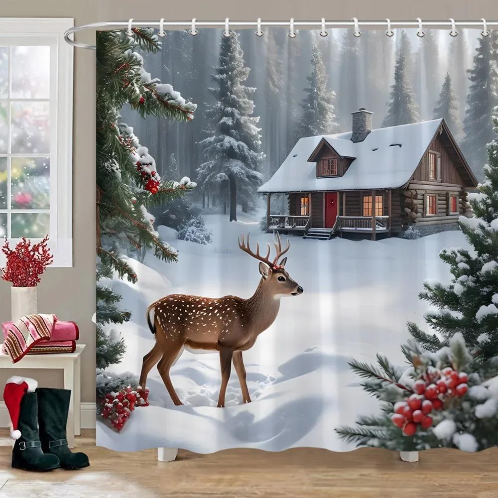 Winter Snow Forest Deer Shower Curtain Christmas Nature Landscape Christmas Gift Polyester Fabric Shower Curtains Bathroom Dec