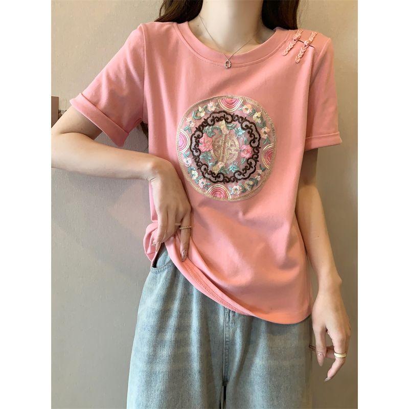 Plus Size Women's Clothing Chinese Style Summer Retro Sweet round Neck Chinese Knot Button Fashion Girlish Style Casual Short Sleeve T-shirt L-4XL