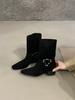 Korean Version of Small Square Head Metal Buckle Thick Heel Short Boots Women's Versatile Fashion Suede Western Boots Medium Boots Short Boots