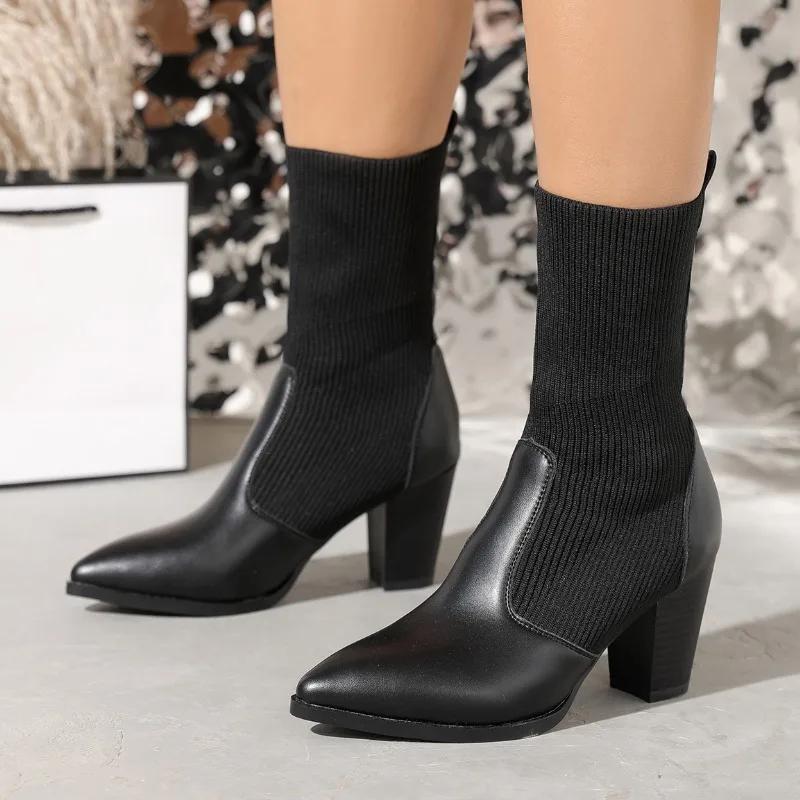 

Ladies Shoes on Sale 2024 New Sleeve Women s Boots Winter Pointed Toe Solid Shoes Female Middle Tube Chunky Heel Stretch Boots