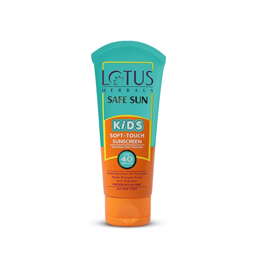 Lotus Herbals Safe Sun Kids Soft-Touch Sunscreen SPF 40 PA+++ | Waterproof & Sweatproof | Preservative Free | Anti Pollution | All Skin Types | 80g