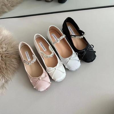 Sheepskin Version~ Small Inner Height Increase Rhinestone Ballet Shoes Women's Shallow Mouth Single Shoes Bow Mary Jane Shoes